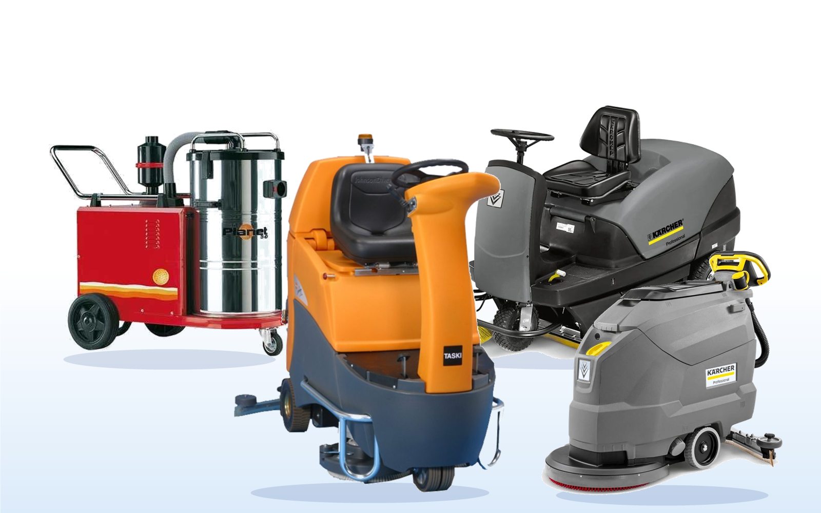 Range of industrial cleaning machines supplied by MK Solutions: industrial vacuum cleaner, ride-on scrubber dryer, ride-on sweeper and walk-behind scrubber dryer