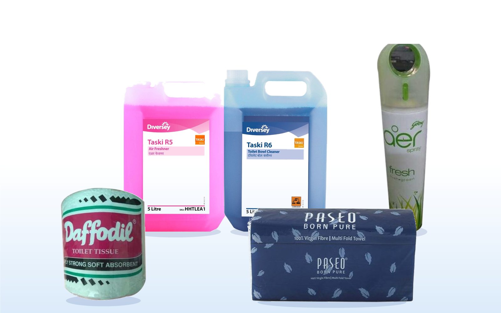 Housekeeping and hygiene supplies from MK Solutions: Taski cleaning chemicals, toilet tissue roll, multi-fold towels and air freshener
